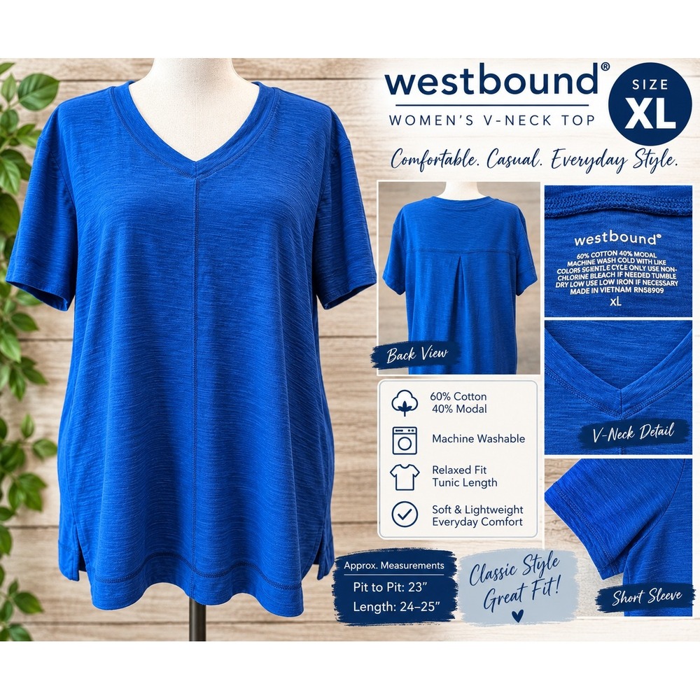 Westbound Womens XL Royal Blue V-Neck Tunic Top Short Sleeve Slub Knit Relaxed